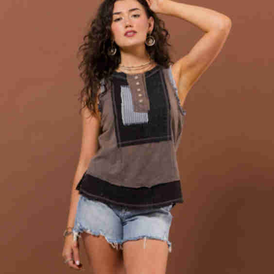 Pieced Henley Tank Top