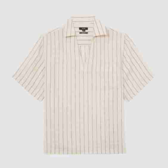 Linen Pinstripe Open-Collar Shirt