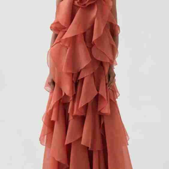 Free Flowing Rose Detail Tiered Ruffles Halter A Line Maxi Dress