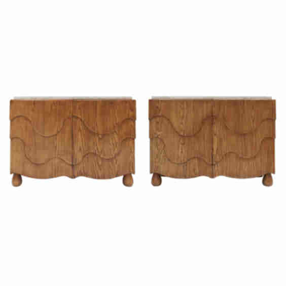 Pair Of Oak Wood Sideboards With Travertine Top