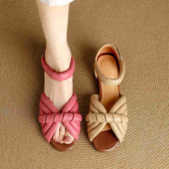 Cowhide Leather Splicing Slide Sandals
