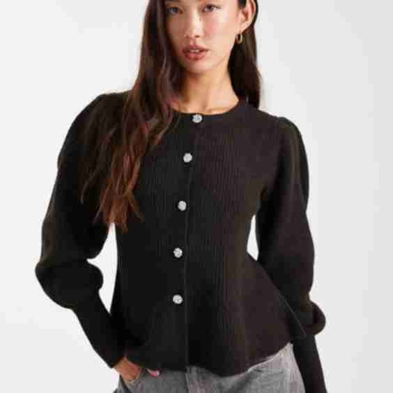Cinched Waist Balloon Sleeve Cardigan With Hammered Buttons