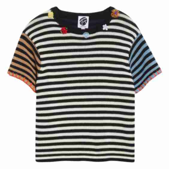 Embellished Colorblock Stripe Cotton Crewneck T Shirt