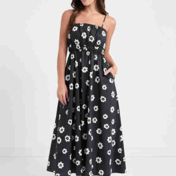 Strappy Smocked Poplin Midi Dress