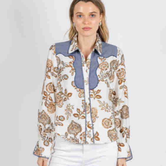 Lyla Denim & Print Combo Blouse