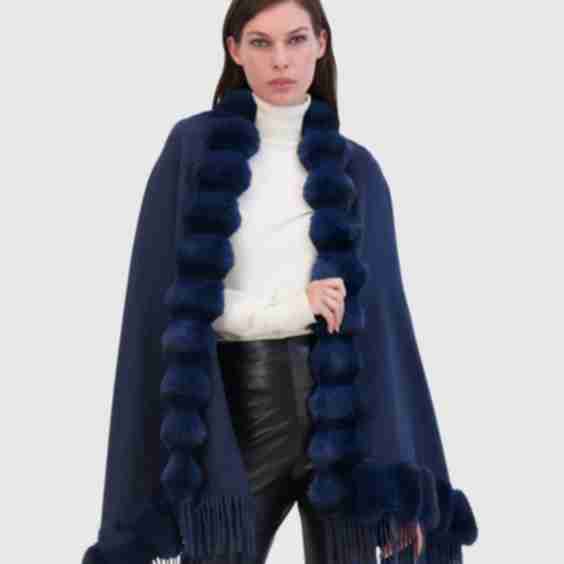 Cashmere Wool Blend Cape with Fur Free Chinchilla Faux Fur Trim