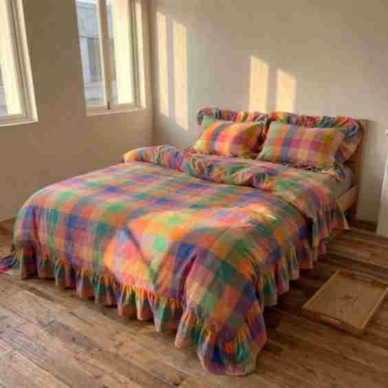 Colorful Plaid Ruffled Cotton Bedding Set (4PCS)