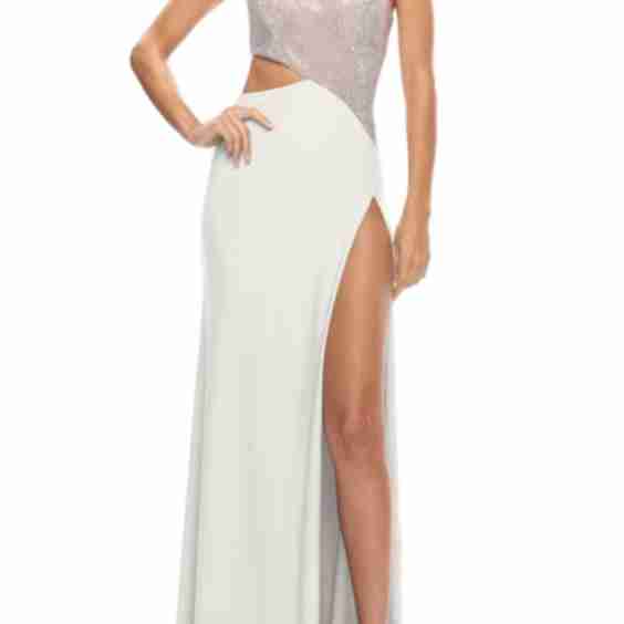 One Shoulder Dress with Side Cut Out and Rhinestone Bodice