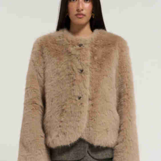 Collarless Faux Fur Jacket