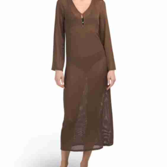 Maxi Mesh Cover-up Dress With Gold Tone Bead Accents