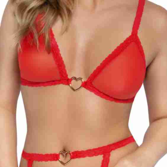 Heart Mesh Bralette, Thong & Garter Belt Set