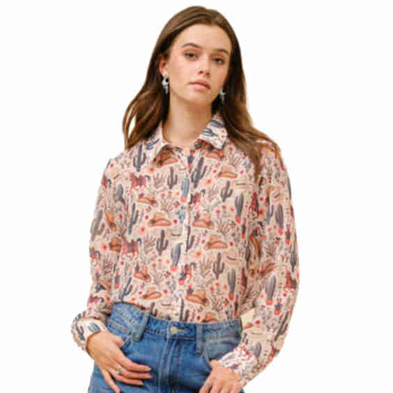 Women's Western Hat And Cactus Print Chiffon Button Down Shirt