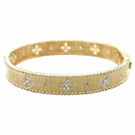 Diamond and Gold Hinged Bangle Bracelet, Textured Floral Motif (Pre-Owned)