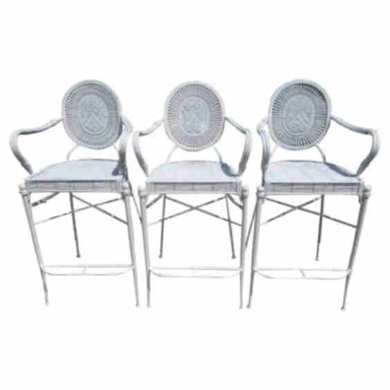 Coastal White Wrought Iron Bar Stools Bamboo Rattan Bentwood