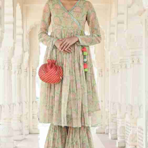 Roomani Printed Green Sequins Angrakha Flared Kurta Sharara