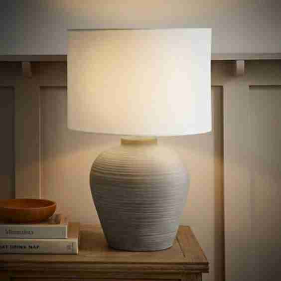 Reid Linen Drum Lamp Shade Stone Ribbed Ceramic Large Table Lamp