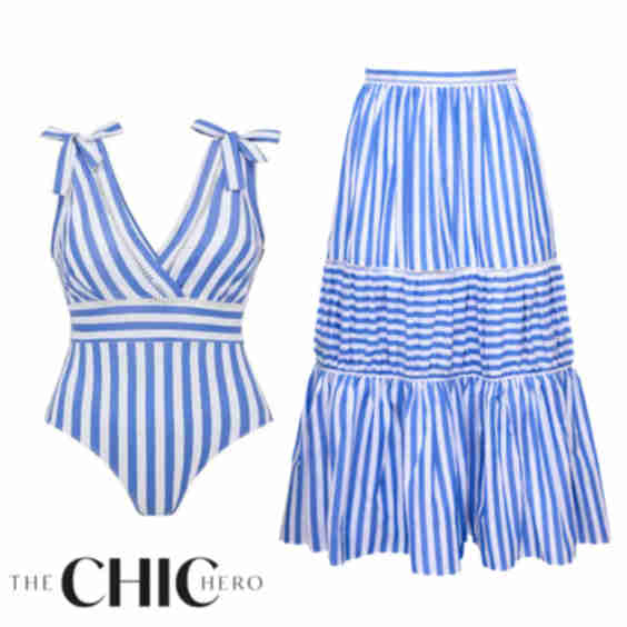V Neck Stripes Print Swimsuit And Skirt