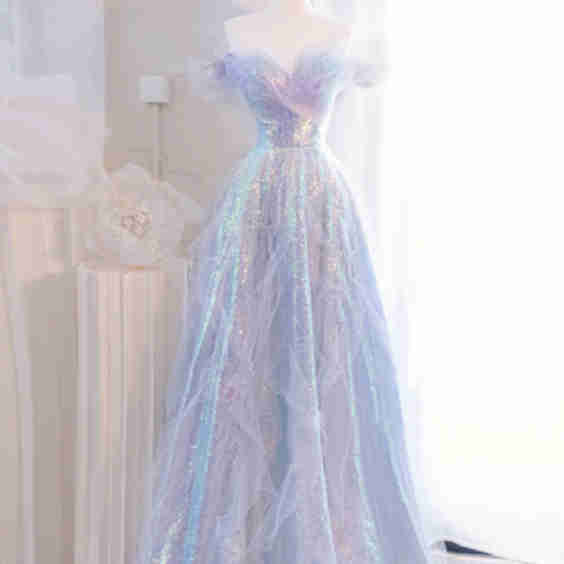 Off Shoulder Tulle Sequin Long Prom Dress