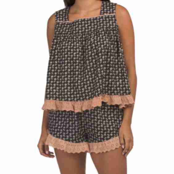 2pc Cotton Midnight Blossom Pajama Top and Shorts Set with Eyelet Trim 