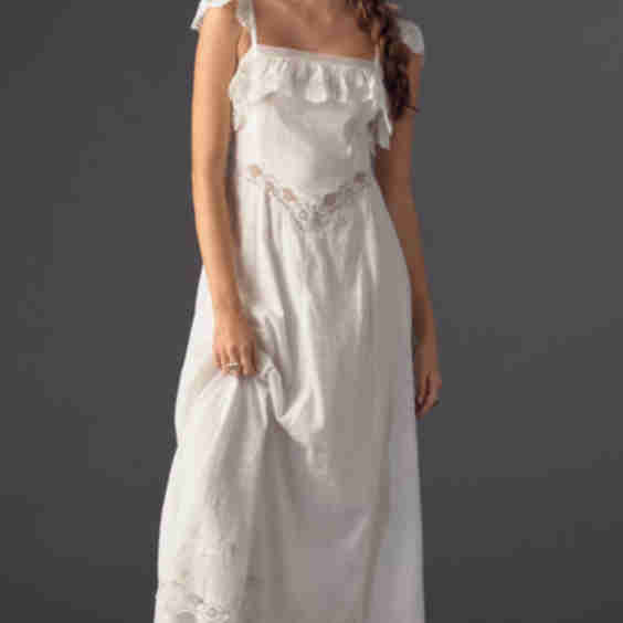 Ruffle Lace Flutter-Sleeve Cotton Maxi Dress