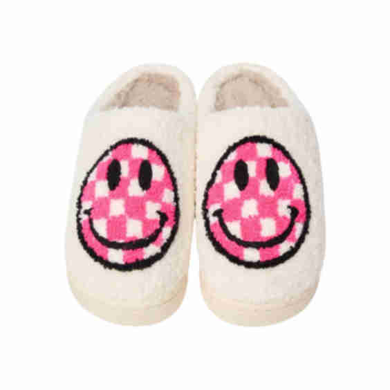 Girls' Plush Checkered Happy Face Slippers