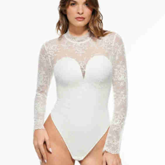 Shapewear Mock Neck Long Sleeve Floral Lace Bodysuit