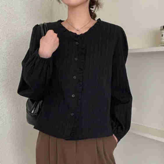 Peony Ruffle Shirring Lace Cotton Blouse