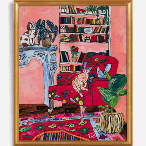 Pink Matisse Interior with Folk Art Chair and Sleeping Ginger Cat 