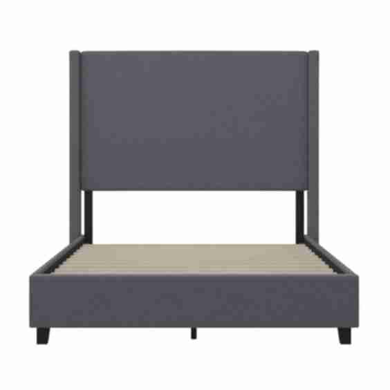 Kellan Faux Linen Upholstered Platform Bed with Channel Stitched Wingback Headboard and Slatted Mattress Foundation
