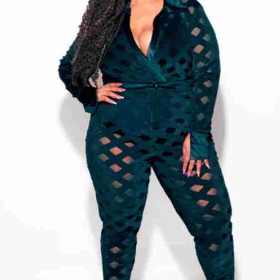 Plus Size 2Pc Velvet Pants & Long Sleeve Bodysuit
