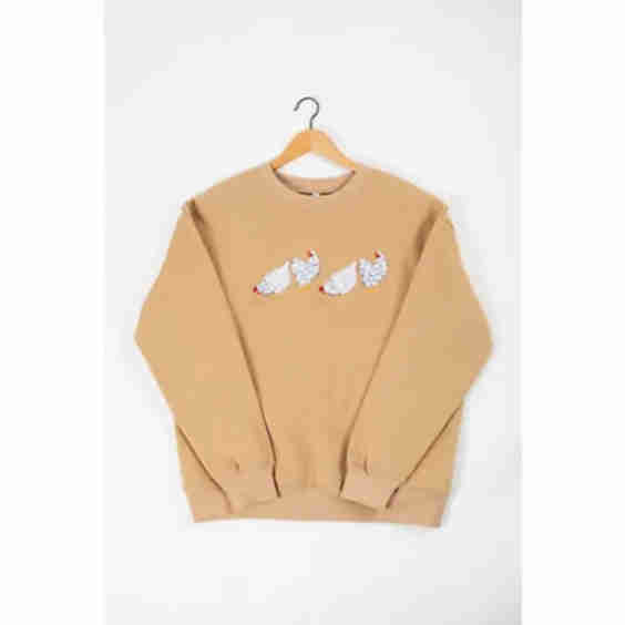 Fluffy White Chicken Tan Embroidered  Crewneck