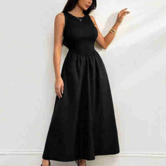 Long Casual Vacation Sleeveless Solid Dress, Relaxed Fit