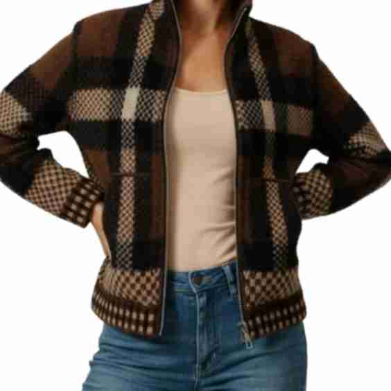 High Neck Zip Up Plaid Sweater Cardigan with Pocket