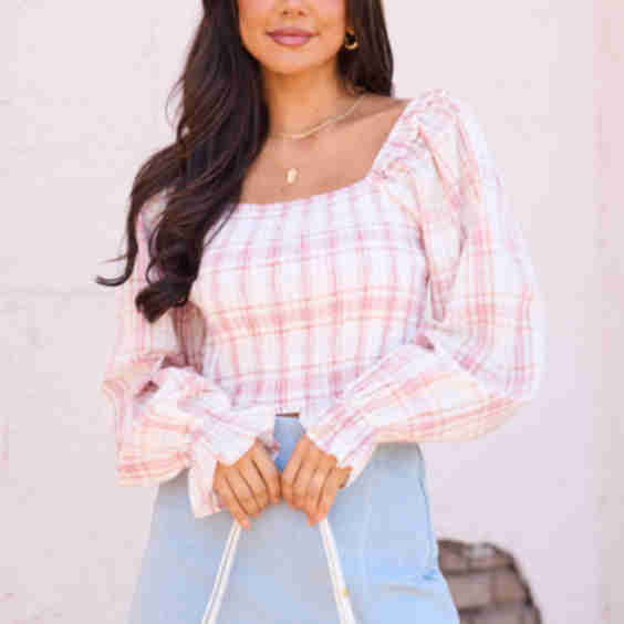 Willow Plaid Smocked Balloon Sleeve Top