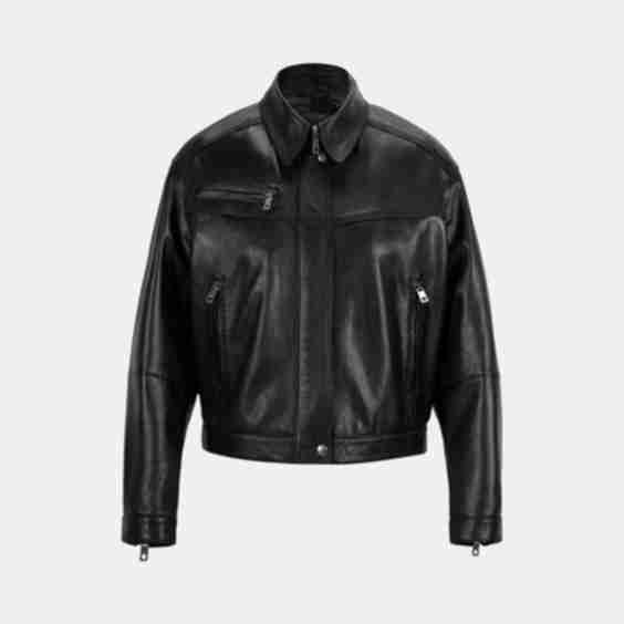 Collared Leather Bomber Jacket