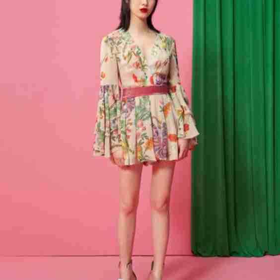 V-Neck Printed Sexy Bell Sleeve Dress