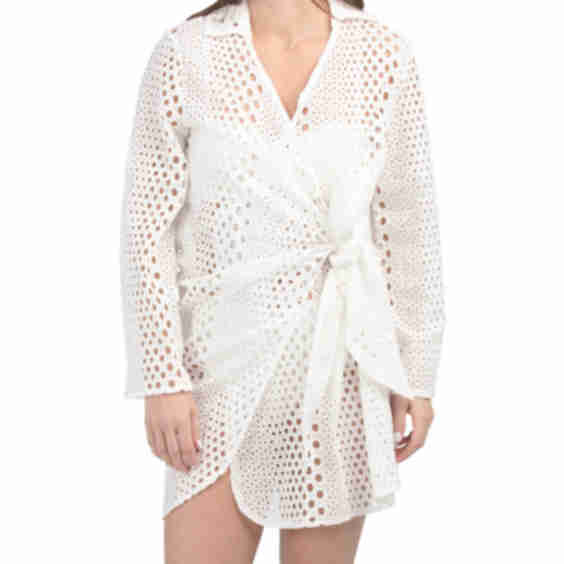 Long Sleeve Open Eyelet Tie Front Swim Cover-Up