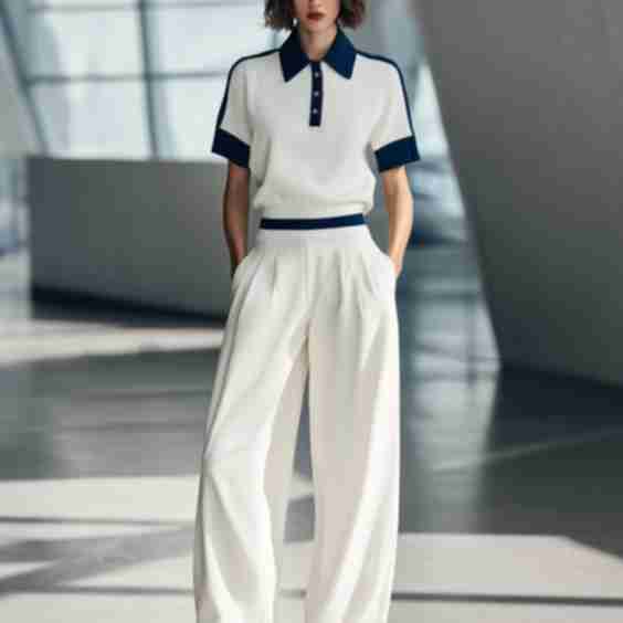 Fashionable Casual Style Short Sleeved Collared Top And Trousers Set