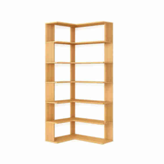 Scandinavian L-Shaped Corner Bookshelf with Baseboard Cutout & Open Storage