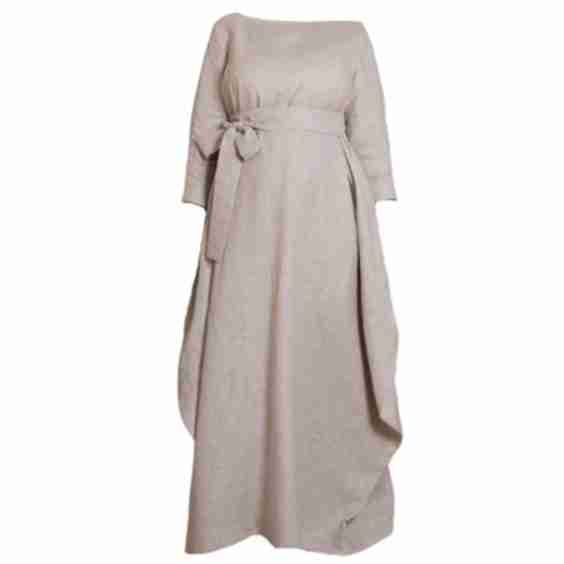 Linen Maxi Maternity Dress With Empire Waist Tie And Long Sleeves 