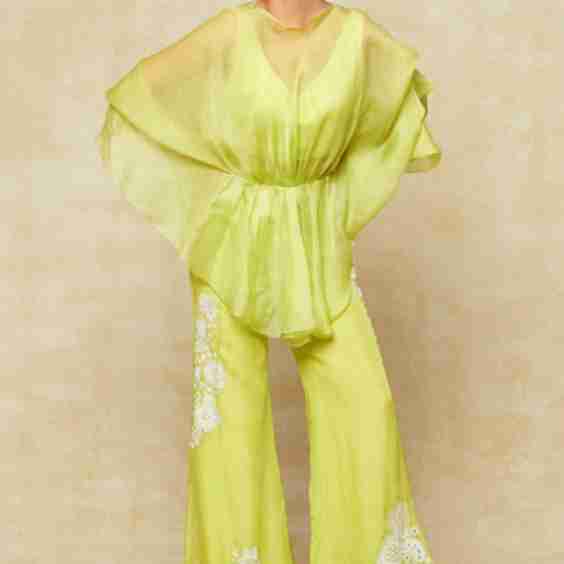 Organza Cape and Embroidered Bell Bottom Pant Set