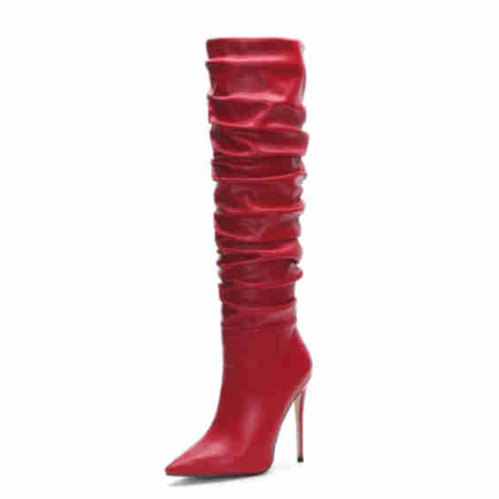 Vegan Leather Pointed Toe Stilettos Knee High Heel Sclouch Booties