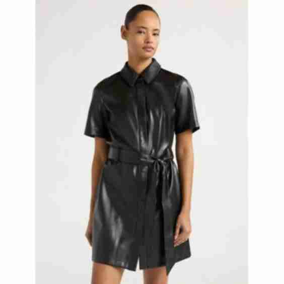 Faux Leather Collared Mini Shirt Dress