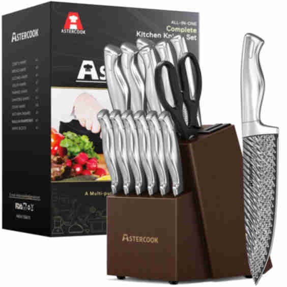 4 Piece Kitchen Knife Set with Block and Built-in Sharpener, Full Tang Knives Sets German Stainless Steel