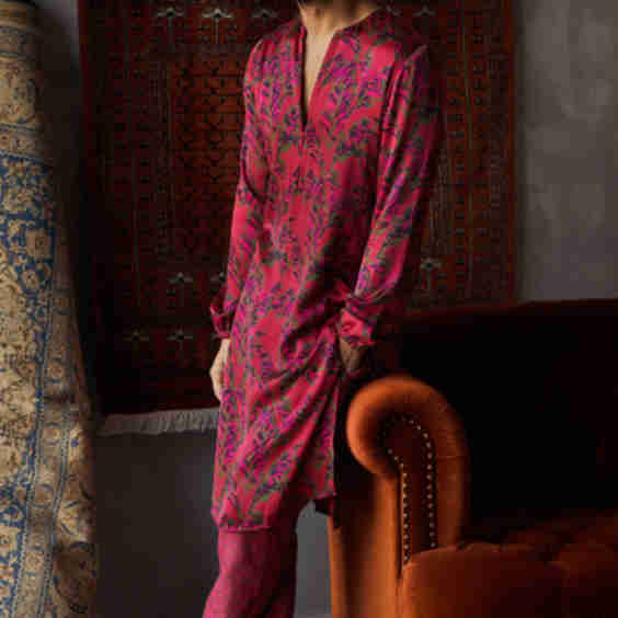 Satin Silk Printed Kurta and Joggers Pants