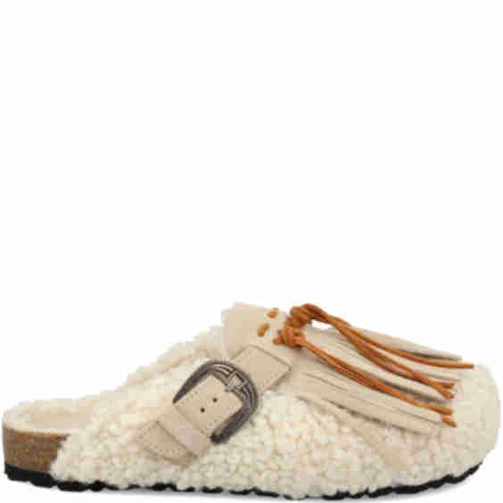 Buckle Detail Fringed Mules