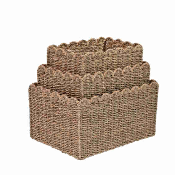 Arden Coastal Cottage Seagrass Scalloped Rectangular Organizing Storage Baskets (Set of 3)