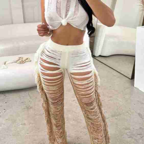 Shredded Knit Tank Top & Fringe Pants Set