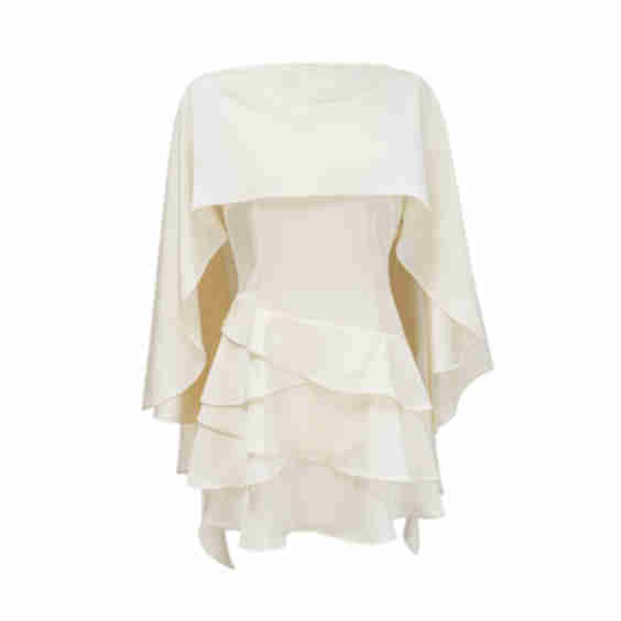 Ruffled Mini Dress with Draped Shawl Panel And Layered Hem