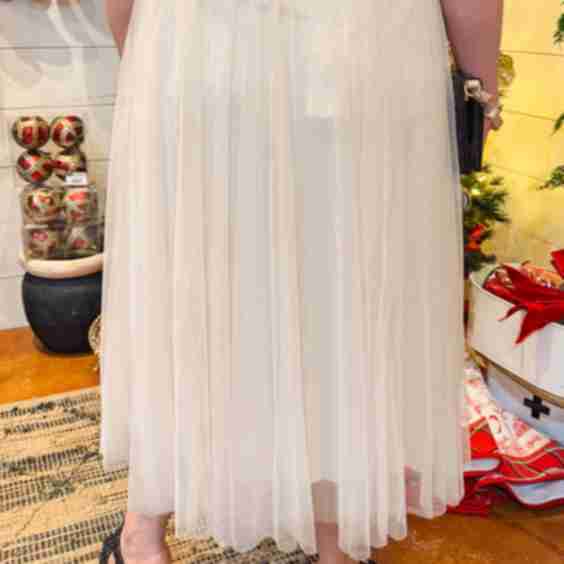 Off White Long Pleated Tulle Skirt